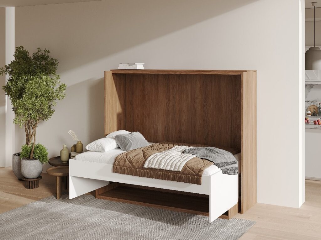 Opklapbed Boone Officio in bed-stand. kleur notelaar en wit