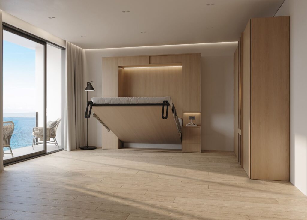 Opklapbed Boone Panorama halfopen met mooie kasten in stijlvol appartement
